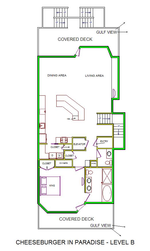 A level B layout view of Sand 'N Sea's beachside house vacation rental in Galveston named Cheeseburger in Paradise